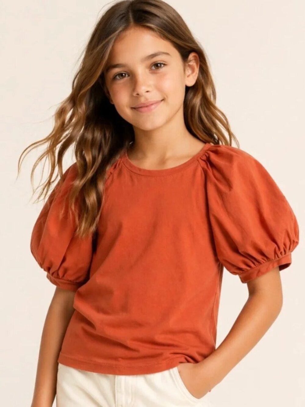 Puff Sleeve Top Kids Rust Crew Neck | A Loves A Girls